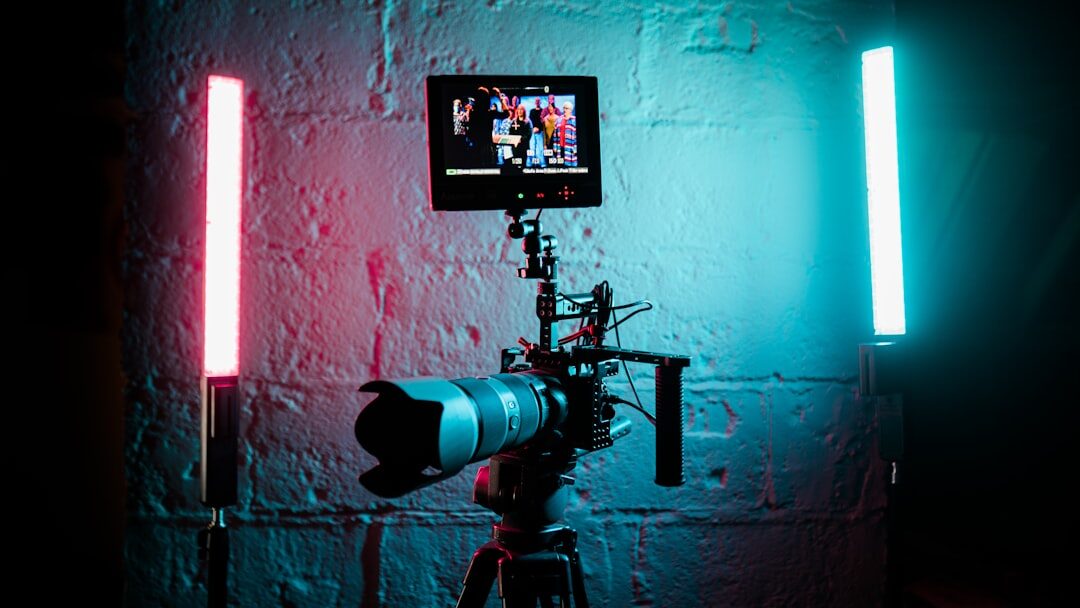 Television studio set with bright lights and cameras